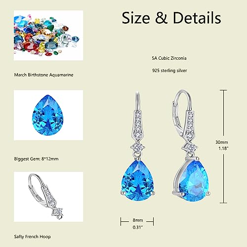 Women 925 Sterling Silver Birthstone Teardrop Leverback Drop Dangle Earrings 8 * 12mm 5A Cubic Zirconia Jewelry for Her - color: March,Aquamarine Color