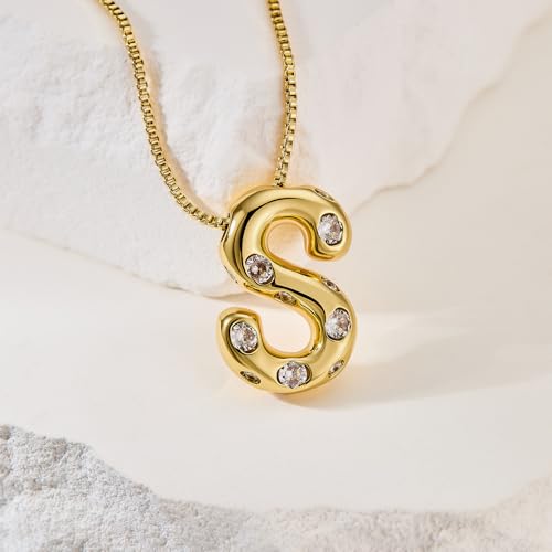Cicy Bell Initial Necklace for Women 14k Gold Plated | Cubic Zirconia, Trendy, Personalized, Dainty Letter Pendant - color: S-Gold