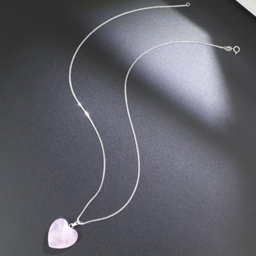 iSTONE 925 Sterling Silver Natural Crytral for Womens Pendant Necklace, Gemstone Birthstone with 17.8" Silver Chain Ladies - color: Heart - Rose Quartz