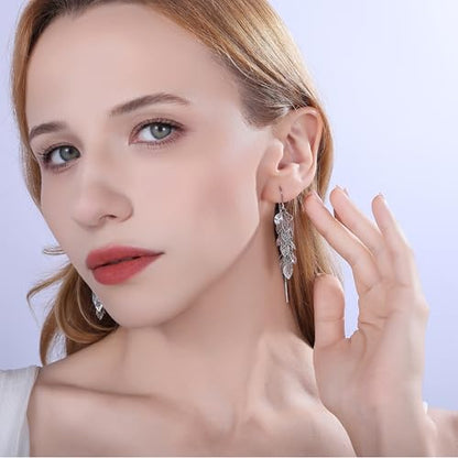 14K Gold Plated Leaf Threader Crystal Earrings for Women, Long Tassel Elegant Dangle Drop Earrings for Weddings, Galas, and Formal Events, Hypoallergenic Lightweight Jewelry Idea Gift - color: Silver