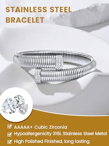 KeyStyle Bangle Bracelets For Women, Stainless Steel Stretch Bracelet Wide | 14K Gold/Rose Gold/Black/Silver Plated Flexible Wide Twisted Link Chain Wristband Jewelry, 10Mm, 16Mm, 20Mm - color: 10mm - CZ - Steel