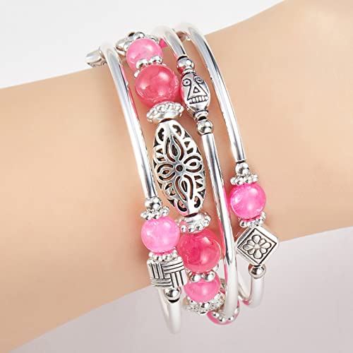 BULINLIN Layered Wrap Bangle Turquoise Bracelet - Bead Bracelet with Natural Agate Stone, Gifts For Women - color: 03-Hot pink
