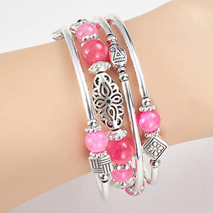 BULINLIN Layered Wrap Bangle Turquoise Bracelet - Bead Bracelet with Natural Agate Stone, Gifts For Women - color: 03-Hot pink