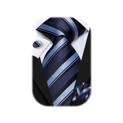 Hi-Tie Men 63inches Tie Set Extra Long Necktie Paisley Tie Pocket Suqare Cufflinks Big and Tall Men Tie - color: Black Blue