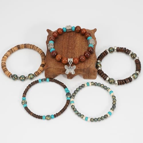 Boho Wooden Beads Bracelets Bohemian Bracelet Stack for Men Women Wood Beaded Bracelet Set - color: A