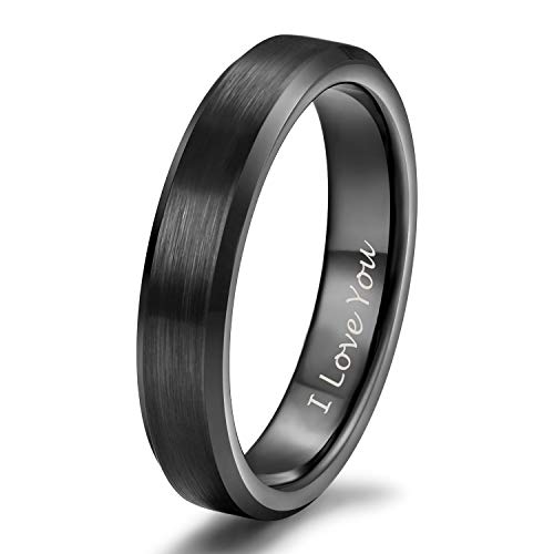 TRUMIUM 2mm 4mm 6mm 8mm 10mm Tungsten Ring Wedding Band for Women Men Bevel Edges Brushed Comfort Fit Size 4-15 - color: Black 4mm I Love You