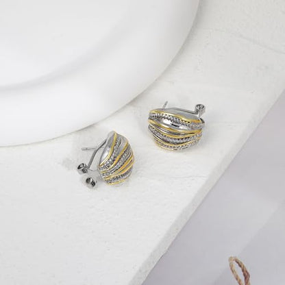 Mytys Two Tone Huggie Hoop Earrings Cross Over Design Twisted Rope Silver Gold Statement Wide Band Clip On Hoops for Women Fashion Jewelry Gift - color: solid Gold & Silver