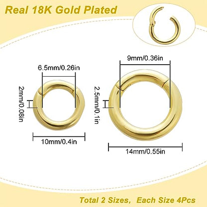 SUNNYCLUE 1 Box 8Pcs 18K Gold Plated Spring O Ring Round Carabiners Trigger Spring O Rings Keychain Ring Round Snap Clasps Metal Spring Gate Rings for Jewelry Making Keyring Bags Purses DIY Craft - color: 1 Box 8pcs 18k Gold Plated O Rings 2 Sizes