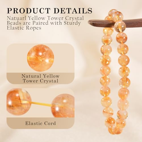 Agate Round Beaded Bracelet for Women Men Natural Agates Stone Healing Bracelets Stretch Elastic Handmade Polished Gemstone Beads Bracelet - color: Yellow Tower Crystal, size: 8mm Beads