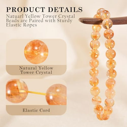 Agate Round Beaded Bracelet for Women Men Natural Agates Stone Healing Bracelets Stretch Elastic Handmade Polished Gemstone Beads Bracelet - color: Yellow Tower Crystal, size: 8mm Beads