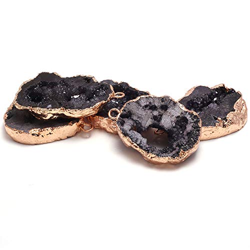 LE SKY natural stone pendant, irregular plated gold edge crystal agate stone pendant for jewelry making DIY necklace charms 25X30-35X45mm (2 Pcs) - color: black