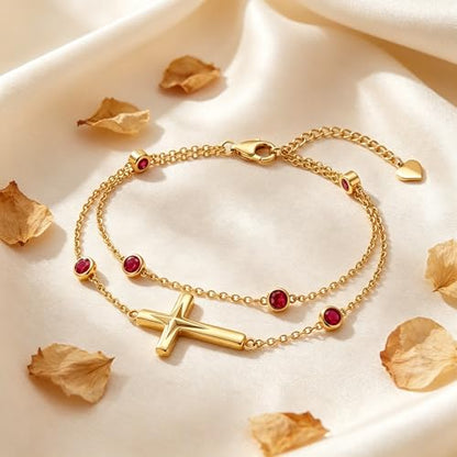 Midari 18K Yellow Gold Gemstone Birthstone Anklet Bracelet Cross Jewelry with 12 Months Birthstone Birthday Gifts for Women Wife Her Daughter Mom - color: 01-Jan-Garnet, size: Bracelet 7"-9"