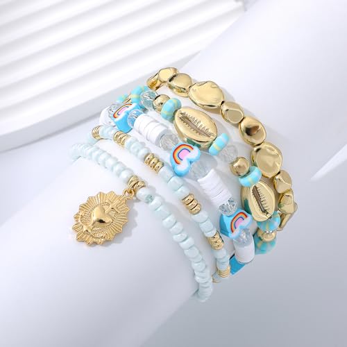 LALAPPLE Shell Bracelet Boho Beaded Stretch Bracelets for Women Seashell Strand Bracelets Starfish Charm Jewelry Summer Beach Jewelry Stackable Crystal Gold Plated Beads Bracelet for Women - style: T-Song of the Clouds