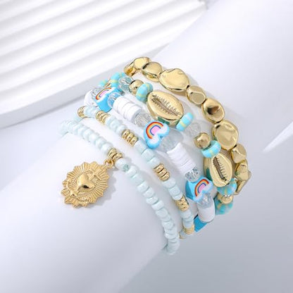 LALAPPLE Shell Bracelet Boho Beaded Stretch Bracelets for Women Seashell Strand Bracelets Starfish Charm Jewelry Summer Beach Jewelry Stackable Crystal Gold Plated Beads Bracelet for Women - style: T-Song of the Clouds