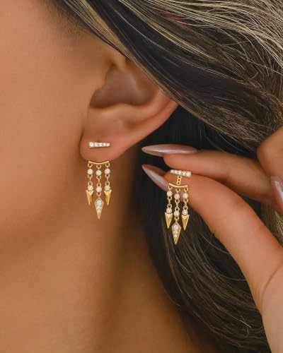 Dangle Gold Earrings for Women Trendy Triple Huggie Chain Earrings 14K Gold Plated Statement Cute Drop Dangle Earrings Dainty Hypoallergenic Chunky Hoop Earrings Fun Earring Stacks Jewelry - color: G-Spiked Earrings