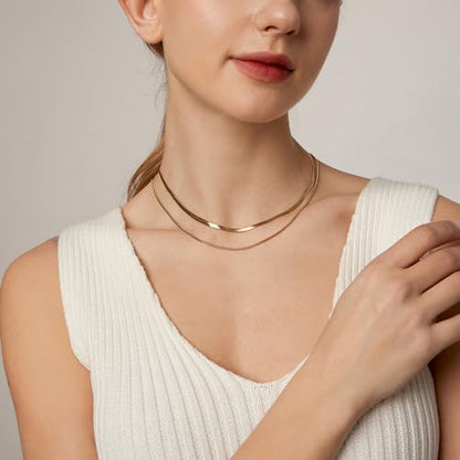18K Gold Plated Layered Herringbone Necklaces for Women Dainty Layering Beaded Snake Chain Choker Moon Coin Pendant Necklace Trendy Stainless Steel Jewelry - color: Double Herringbone-Gold