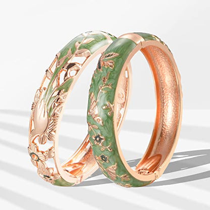 UJOY Cloisonne Indian Bangle Colored Crystal Plated Hinge Cuff Bracelet Hollowed Bird Enamel Jewelry Gift 55C49 - color: 2 Pcs/set-Bird-Green