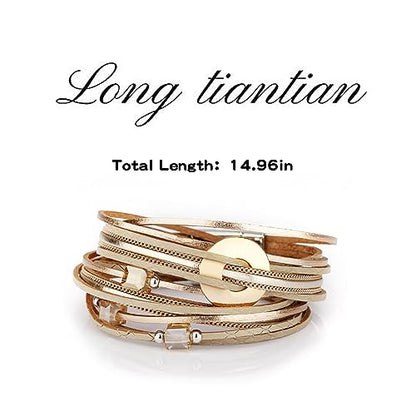 Long tiantian Boho Western Bracelets for Women Leather Wrap Bracelets Turquoise Bracelet Western Jewelry Country Concert Outfits - color: heishi bracelet(gold)
