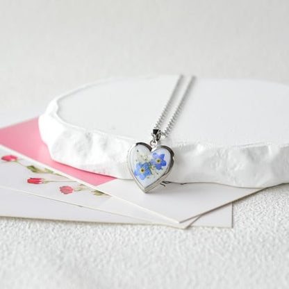 Heart Locket Necklace That Holds Pictures Pressed Flower Photo Locket Pendant Necklace for Girl Women Gift for Her - style: forget me not-silver