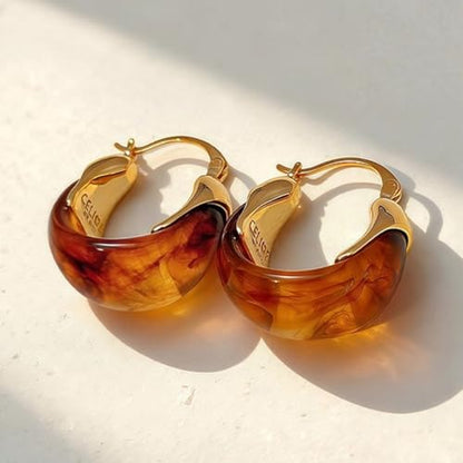 Retro Chunky Gold Brown Amber Hoop Earring, Trendy Boho White Resin Dangling Earrings for Women Dainty Minimalism Daily Party Jewelry Gifts Accessories - color: Brown
