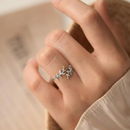 Olive Leaf Rings for Women, Spiritual Meditation Jewelry with Energy Flow Design, 18K Gold Plated Japanese Brass and Asfour Crystal Vine Ring, Symbol of Balance & Inner Harmony - color: Silver