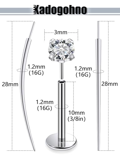 F136 Titanium 20/18/16g Internally Threaded Medusa Monroe Lip Ashley Labret Nose Rings Flat Back Tragus Helix Cartilage Conch Screw Stud Earrings Surgical Steel Piercing Jewelry for Women - color: White CZ, size: 16g*3/8in