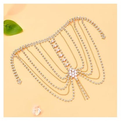 Mulit-layered Pearl Shoulder Chain Jewelry Festival Rave Rhinestone Bra Chain Sexy Bridal Wedding Crystal Arm Chain Jewelry for Women - color: Gold