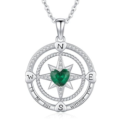 Compass Birthstone Necklace for Women S925 Sterling Silver with Cubic Zirconia - Birthday Jewelry gift for her, Girlfriend, Wife, Mom on Birthday, Anniversary - color: 05 - Emerald