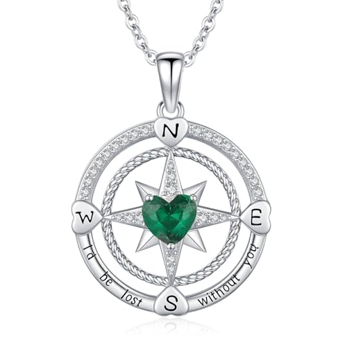 Compass Birthstone Necklace for Women S925 Sterling Silver with Cubic Zirconia - Birthday Jewelry gift for her, Girlfriend, Wife, Mom on Birthday, Anniversary - color: 05 - Emerald