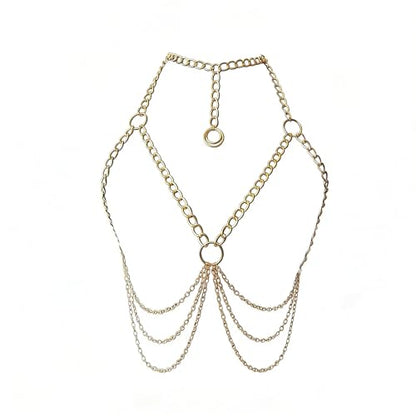 Summer Beach Metal Link Chain Bra Body Jewelry Sexy Multi-layered Crossover Harness Chest Chain Festival Bikini Waist Chain Body Jewelry for Women - color: Gold