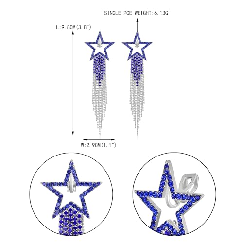 EVER FAITH Crystal Long Waterfall Star Tassel Clip-on Earrings for Women | Rhinestone Beaded Fringe Chandelier Dangle Statement Earring, Wedding Party Jewelry - color: Navy Blue Silver-Tone