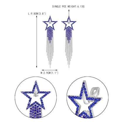 EVER FAITH Crystal Long Waterfall Star Tassel Clip-on Earrings for Women | Rhinestone Beaded Fringe Chandelier Dangle Statement Earring, Wedding Party Jewelry - color: Navy Blue Silver-Tone