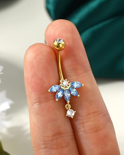 Lotus Belly Button Rings, 14G Dangle Belly Navel Rings for Women, Stainless Steel Belly Navel Piercing Jewelry - color: YGBL-10MM
