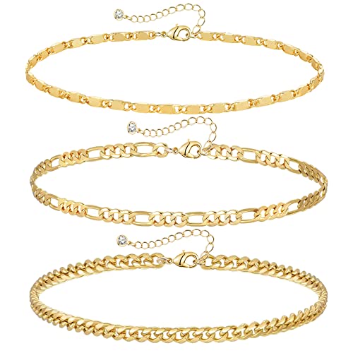 YANODA 3Pcs Gold Ankle Bracelets for Women Dainty 14k Gold Plated Layering Anklets Set Adjustable Fashion Link Chain Ankle Bracelet Adjustable Beach Foot Jewelry Gifts for Women - color: YP Mariner+Cuban(L)+Figaro