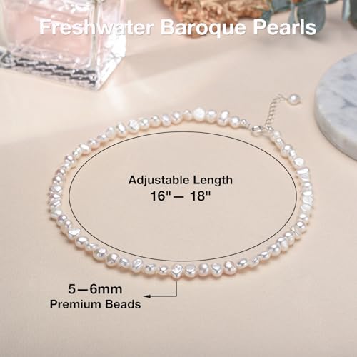 Natural Pearls Necklace, Freshwater Baroque Pearls Necklace for Women's Pearl Strand Choker Necklace 18K Gold Plated & S925 Sterling Silver Clasp White Necklace Chain - color: White, 5-6mm, Silver Clasp