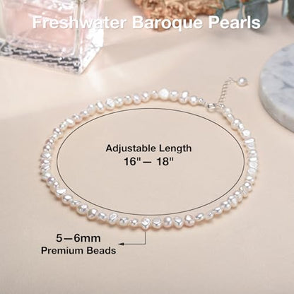 Natural Pearls Necklace, Freshwater Baroque Pearls Necklace for Women's Pearl Strand Choker Necklace 18K Gold Plated & S925 Sterling Silver Clasp White Necklace Chain - color: White, 5-6mm, Silver Clasp