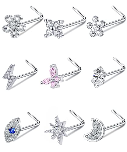 9Pcs Nose Rings Stud L Bone Screw Shaped Nose Ring Flower CZ Snowflake Butterfly Screw Nose Stud Body Piercing Jewelry for Women Men 20G Silver Gold Rose Gold Tone - color: F:Silver Tone&L Shaped