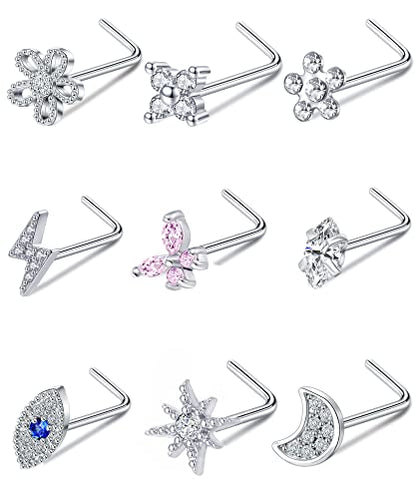 9Pcs Nose Rings Stud L Bone Screw Shaped Nose Ring Flower CZ Snowflake Butterfly Screw Nose Stud Body Piercing Jewelry for Women Men 20G Silver Gold Rose Gold Tone - color: F:Silver Tone&L Shaped