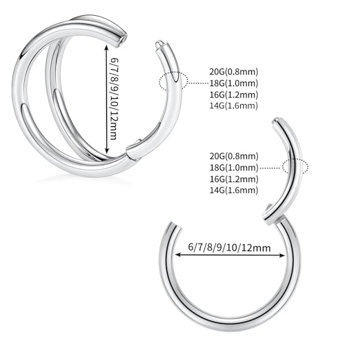 GAGABODY Surgical Steel 2pcs Double Hoop Hypoallergenic Nose Ring Unisex | Seamless Clasp,Used in Nostril,Septum,Lip and All Ear Piercings.22 Gauge to 14 Gauge,a Secure Fit Inner Diameter 6mm to 12mm - color: Silver-Single&Double Hoop, size: 14G-3/8"(10mm