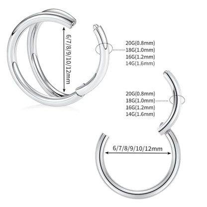 GAGABODY Surgical Steel 2pcs Double Hoop Hypoallergenic Nose Ring Unisex | Seamless Clasp,Used in Nostril,Septum,Lip and All Ear Piercings.22 Gauge to 14 Gauge,a Secure Fit Inner Diameter 6mm to 12mm - color: Silver-Single&Double Hoop, size: 14G-3/8"(10mm
