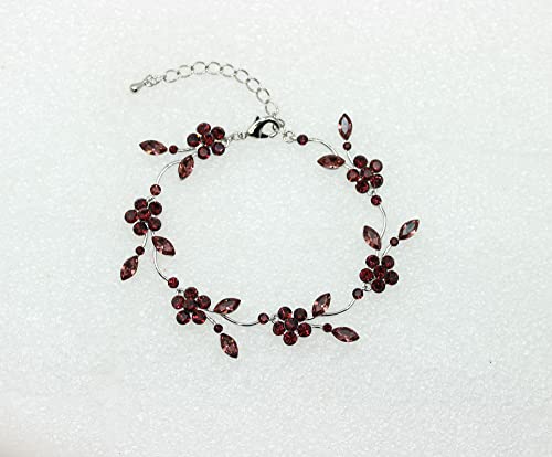 Faship Gorgeous Rhinestone Crystal Floral Necklace Earrings Set - color: Burgundy / Matching Bracelet