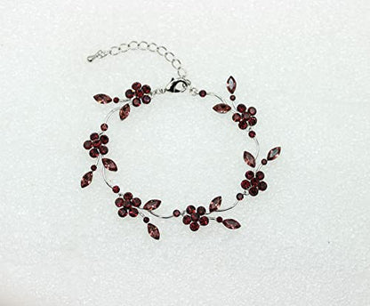 Faship Gorgeous Rhinestone Crystal Floral Necklace Earrings Set - color: Burgundy / Matching Bracelet