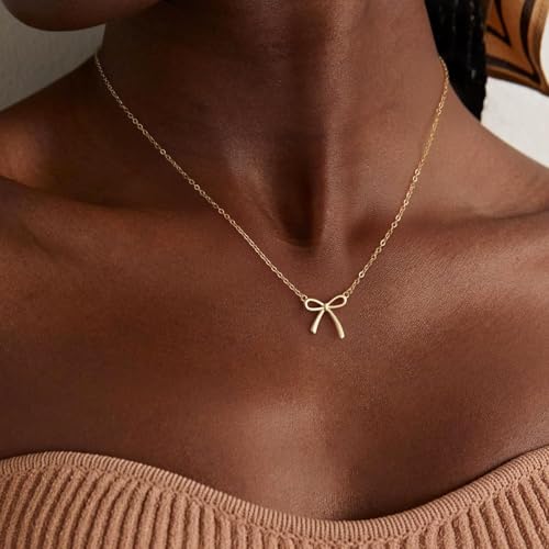 Thaivor Necklace for Women Dainty Bow Necklace 14K Gold Plated Cute Choker Small Pendant Charm Necklaces Teen Gift Trendy Stuff Personalized Jewelry Gifts - color: Gold-Cable-1