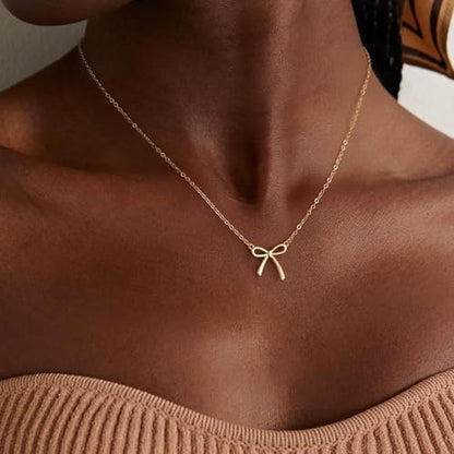 Thaivor Necklace for Women Dainty Bow Necklace 14K Gold Plated Cute Choker Small Pendant Charm Necklaces Teen Gift Trendy Stuff Personalized Jewelry Gifts - color: Gold-Cable-1