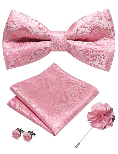 JEMYGINS Mens Paisley Bow Tie and Lapel Pin Necktie Pocket Square and Tie Clip with Sets for Business Casual 4PCS - color: Pink