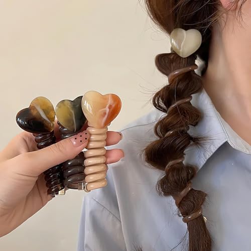4 Pcs Heart Elastic Colorful Spiral Telephone Line Wire Hair Ties Band Ponytails Scrunchies for Women Elastic Love Head Band Wedding Birthday Party Daily Hair Accessories
