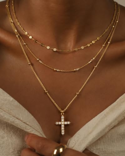 3 Pcs 14K Gold Plated Layered Gold Necklaces Stack for Women Pendant Set | Stackable Layering Design,Lightweight Fit,Tarnish-Resistant Finish,Adjustable Size,Less Tangling,Pretty Gift Jewelry - color: Gold CZ Cross