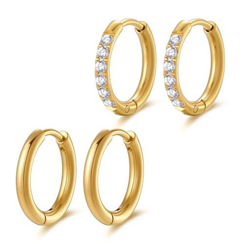Small Hoop Earrings for Women, Stainless Steel Huggie Hoop earrings, 18G | 2/4/6 Pairs, 6mm/8mm/12mm Small Hoop Earrings, Lobe Helix Conch Tragus Daith Rook Cartilage Piercing Jewelry,Gold Silver - color: Golden-2 pairs-10mm
