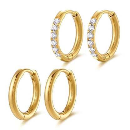 Small Hoop Earrings for Women, Stainless Steel Huggie Hoop earrings, 18G | 2/4/6 Pairs, 6mm/8mm/12mm Small Hoop Earrings, Lobe Helix Conch Tragus Daith Rook Cartilage Piercing Jewelry,Gold Silver - color: Golden-2 pairs-10mm