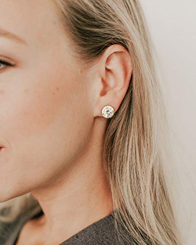 SWEETV Cubic Zirconia Stud Earrings, 8mm Round Cut, Rhinestone Hypoallergenic Earrings for Women & Girls | 9mm Round Cut Hypoallergenic 925 Sterling Silver Stud Earrings for Bridal Bridesmaid Prom Weddings Parties,Silver - color: 04.Gold
